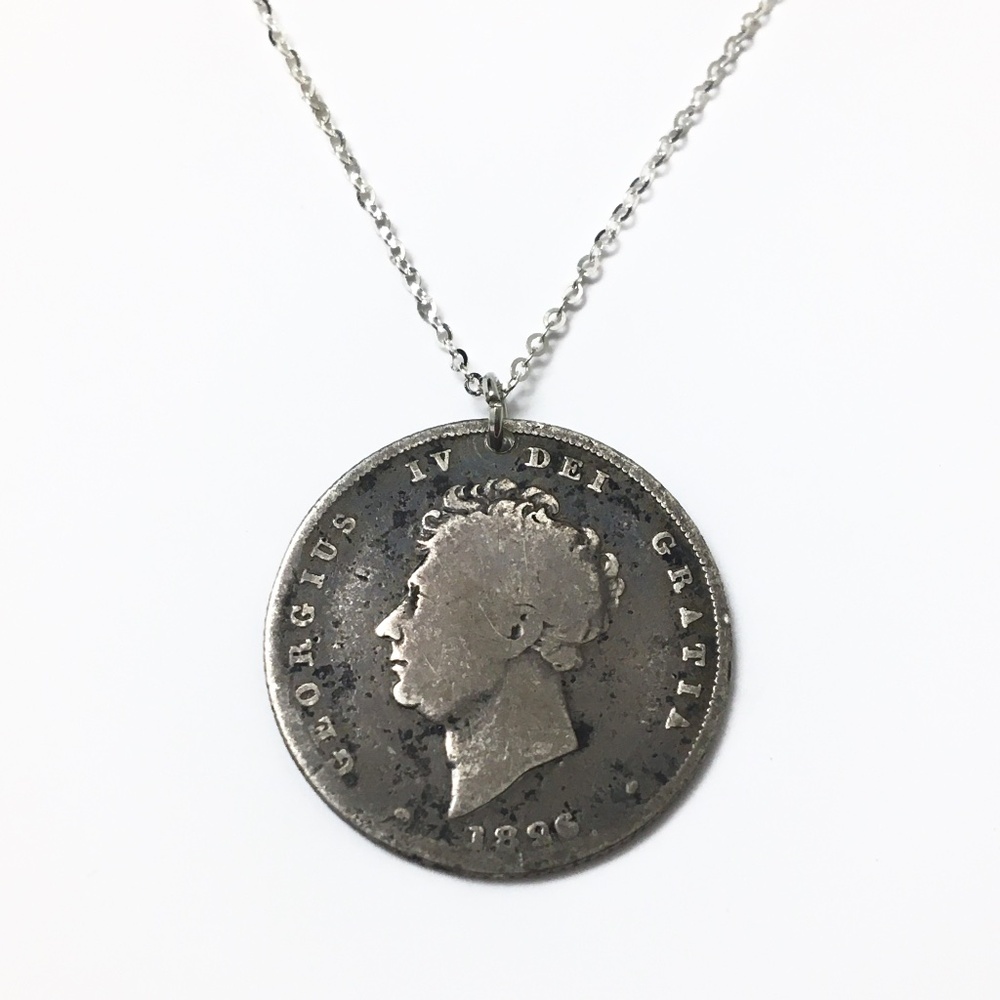 Antique Sterling Silver Necklace, Shilling from 1826, 18-inch Silver Chain